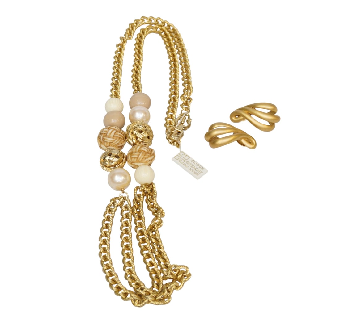 2 PC VINTAGE GIVENCHY RUNWAY CHAIN BELT & EARRINGS: Vintage Givenchy Runway Gold Rope Chain and Bead Belt, with original tag. Givenchy Triple Swirl Clip On Earrings, Belt 39 1/2" opened. Earrings 1 3/4". Weight 9 oz. PROVENANCE:The Historic 1798 John B