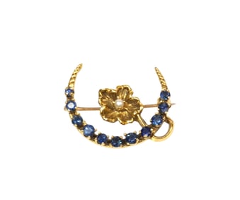 ANTIQUE ESTATE 14K SAPPHIRE CRESCENT MOON BROOCH