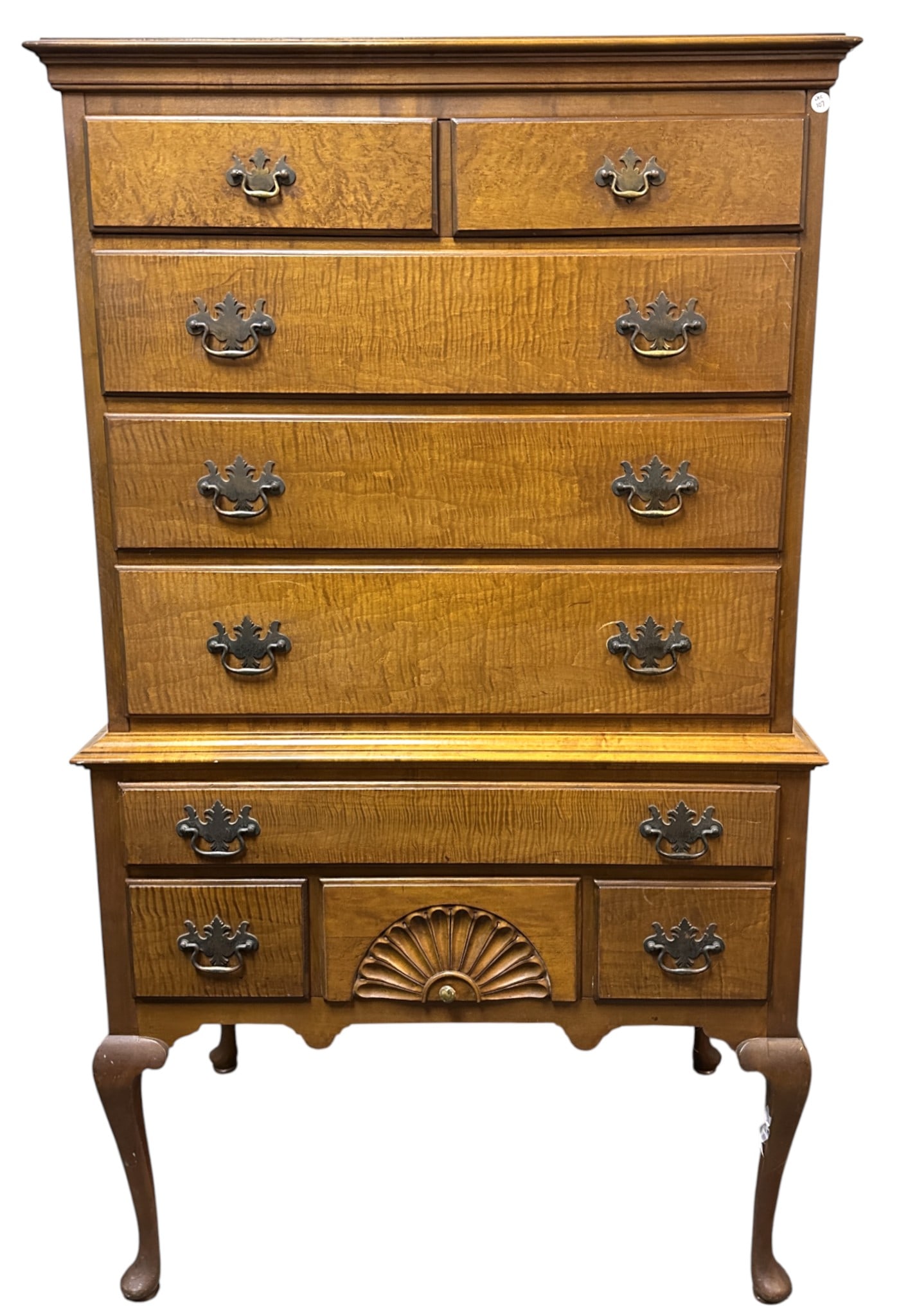 QUEEN ANNE STYLE FIGURED MAPLE HIGHBOY (1 of 5)