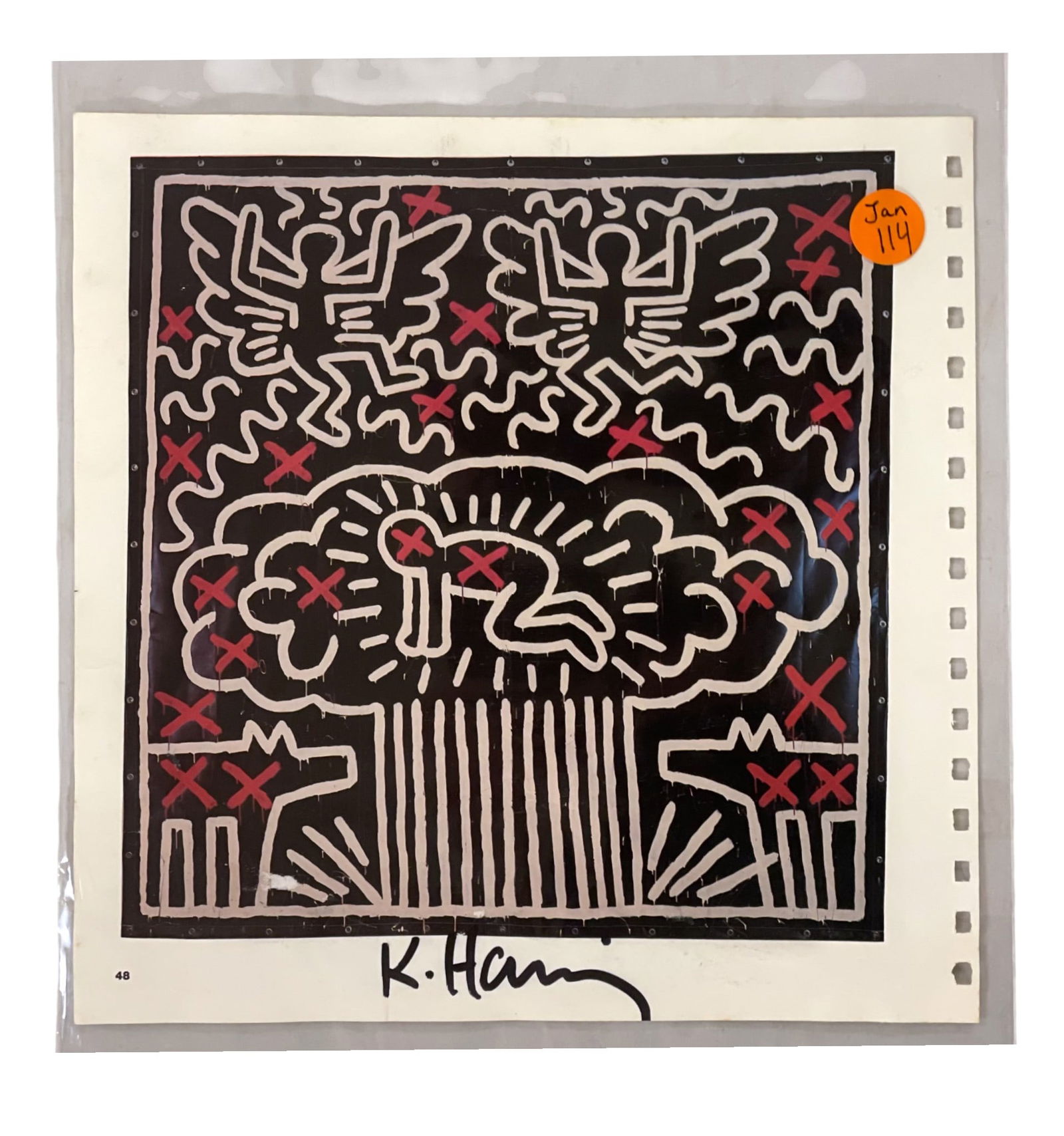 KEITH HARING SIGNED NUCLEAR BABY ILLUSTRATION TONY SHAFRAZI GALLERY: Keith Haring signed "Nuclear Baby" catalog illustration. Two sided. Printed in 1982 for his exhibition at Tony Shafrazi Gallery, New York. 9" x 9". Marker signed bottom edge. In very good condition, p
