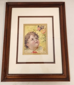 ANTIQUE CHILD WITH BLUEBIRDS WATERCOLOR GOUACHE