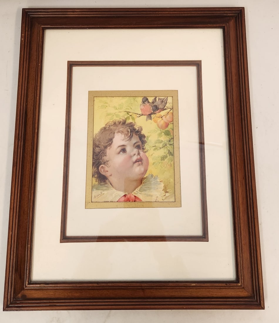 ANTIQUE CHILD WITH BLUEBIRDS WATERCOLOR GOUACHE (1 of 4)