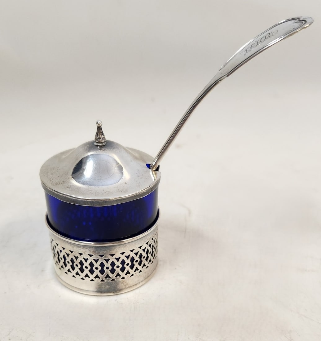 STERLING & COBALT CONDIMENT WITH COIN SILVER LADLE (1 of 3)