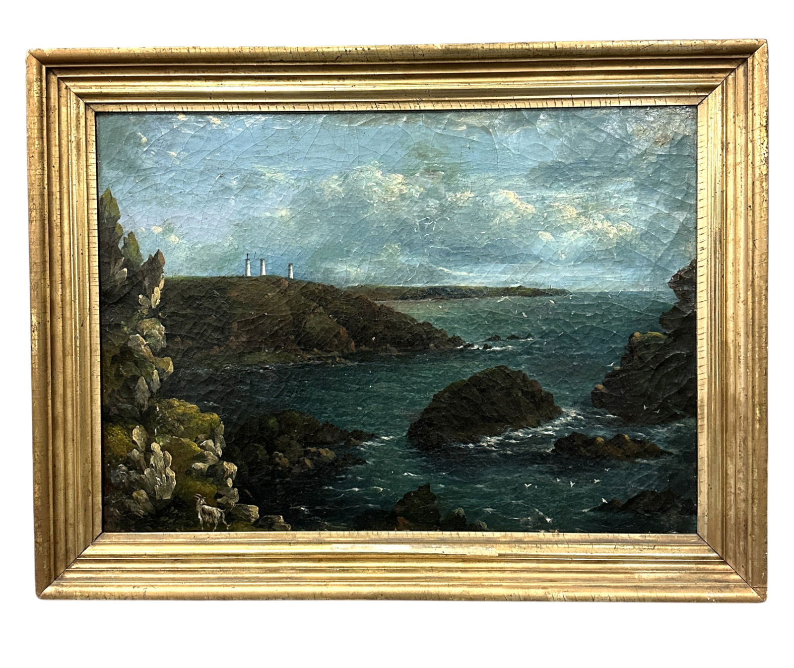 L'ANSE DU MINOU FRENCH SEASCAPE OIL ON CANVAS: Antique French Seascape L'Anse du Minou Oil on Canvas. In antique gilt wood frame. Measures 29"x22"x1 1/2". Weight 7 lbs. PROVENANCE: Gippy Plantation, Berkeley County SC **In house shipping available