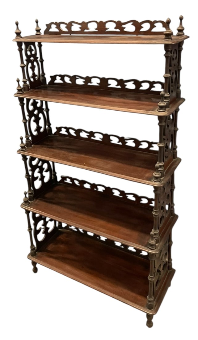 ANTIQUE 5 TIER CARVED MAHOGANY ETAGERE: Antique 5 Tier Carved Mahogany Ornate Victorian Etarge. Measures 52" x 28 1/2" x 11". PROVENANCE:The Historic 1798 John Burckmeyer House, 120 Wentworth Street, Charleston SC **In house shipping availa