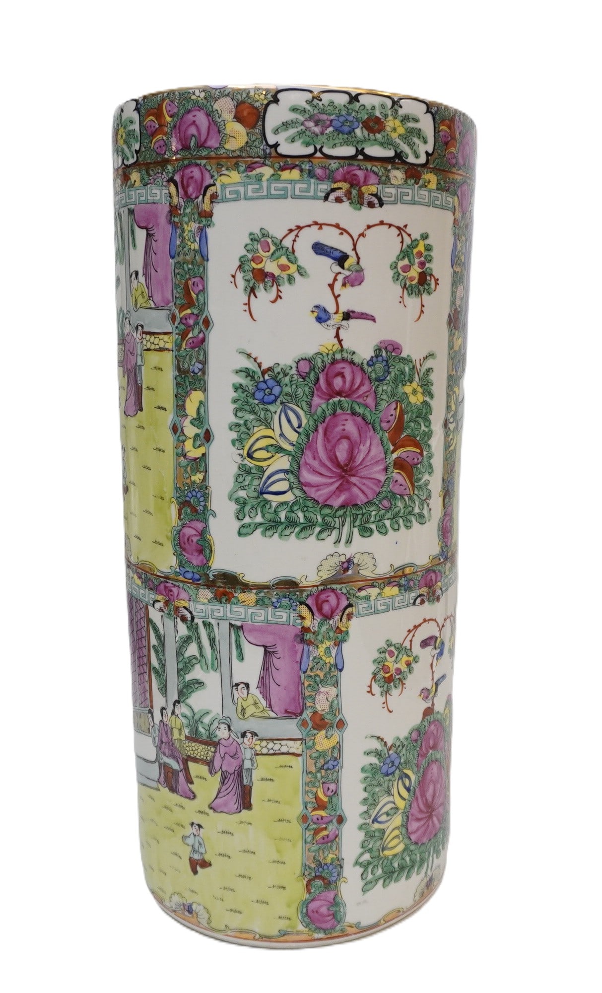 CHINESE ROSE MEDALLION PORCELAIN UMBRELLA STAND: Beautiful Chinese Rose Medallion Porcelain Umbrella Stand. Measures approximately 19" x 8.5" . Weighs 11 lbs. **In house shipping available on this lot**