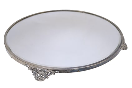 ANTIQUE ORNATE SILVER PLATE FOOTED MIRROR PLATEAU