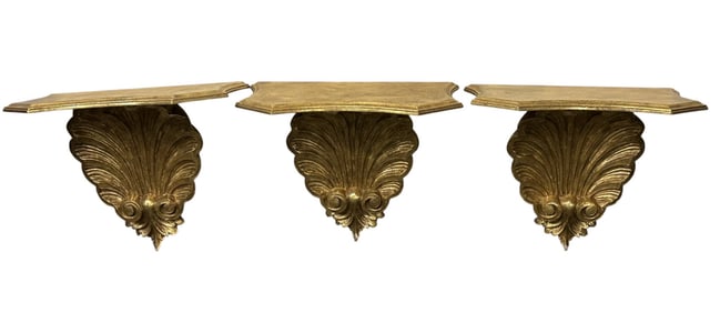 3 VINTAGE SHELL GILT WALL SHELVES