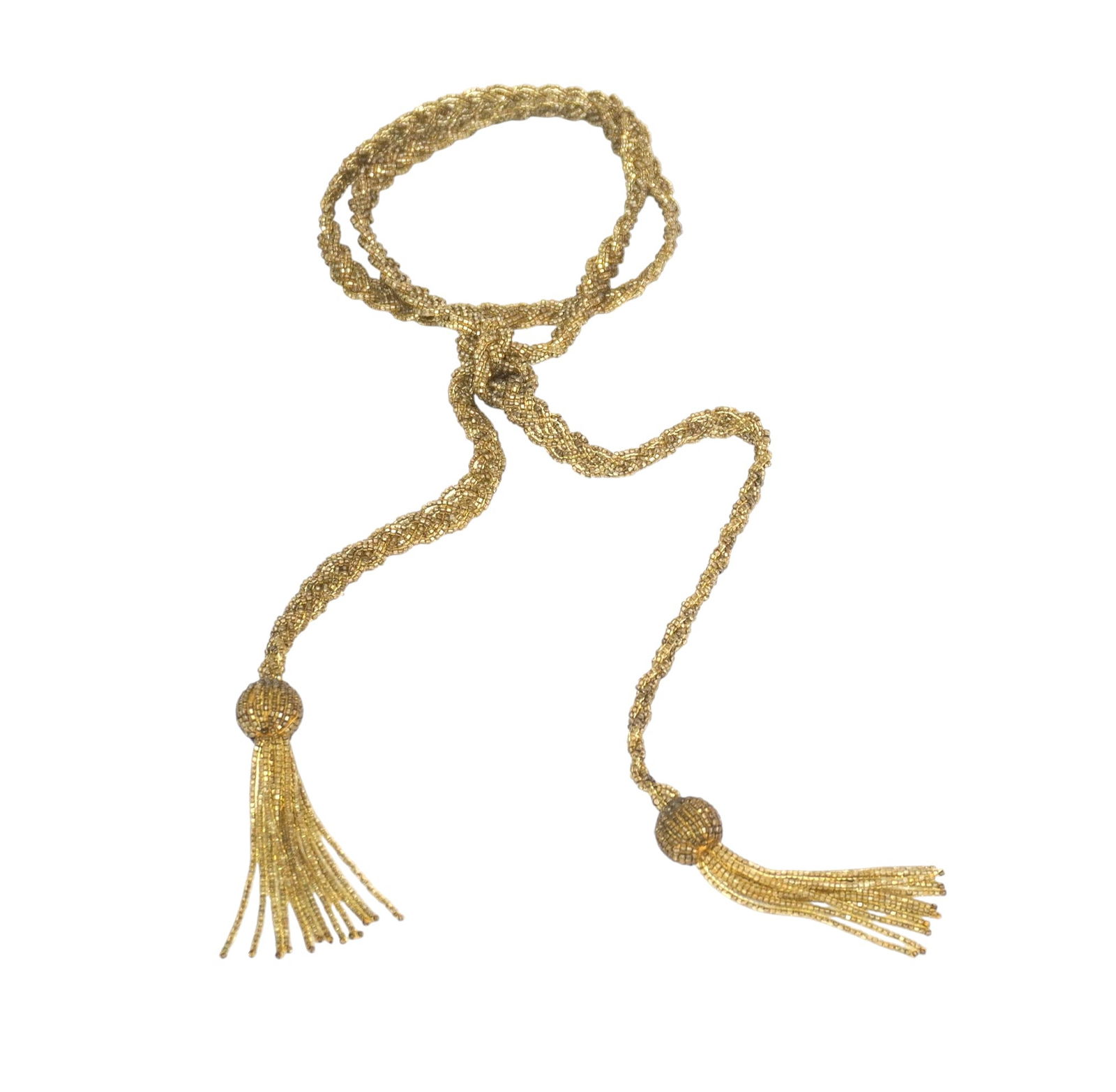 ART DECO HAND BEADED AMBER WOVEN NECKLACE: Art Deco Hand Beaded Amber Woven Necklace. Measures 16" but can be untied/readjusted, weighs 2.6 oz.