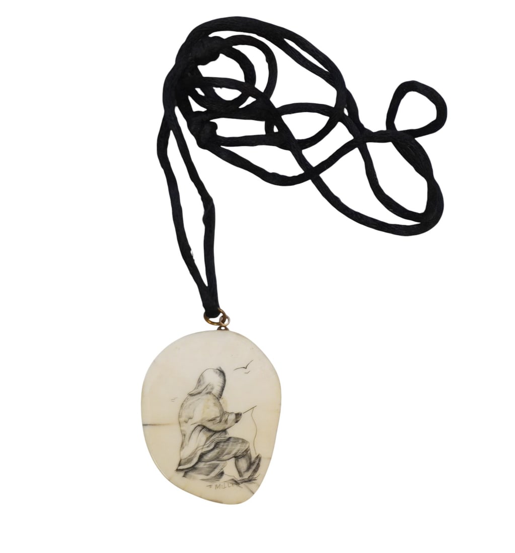 CARVED SCRIMSHAW PENDANT: Carved Scrimshaw Pendant. Signed T. Miller. Pendant measures 1.75" x 1.25" and weighs 0.3 oz. PROVENANCE:The Historic 1798 John Burckmeyer House, 120 Wentworth Street, Charleston SC **In house shippin