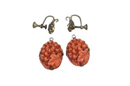 VICTORIAN CARVED CORAL SCREW BACK EARRINGS