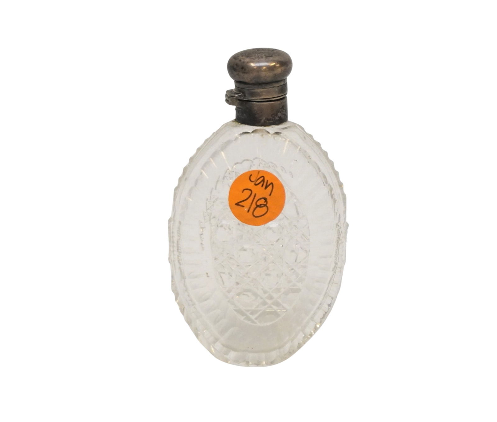 LADIES ANTIQUE CUT GLASS POCKET FLASK: Ladies Antique Cut Glass Pocket Flask circa 1920s/30s. Approx. measures 4.25" x 2.25" and weighs 4.1 oz.