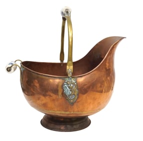 VINTAGE COPPER COAL SCUTTLE WITH CERAMIC