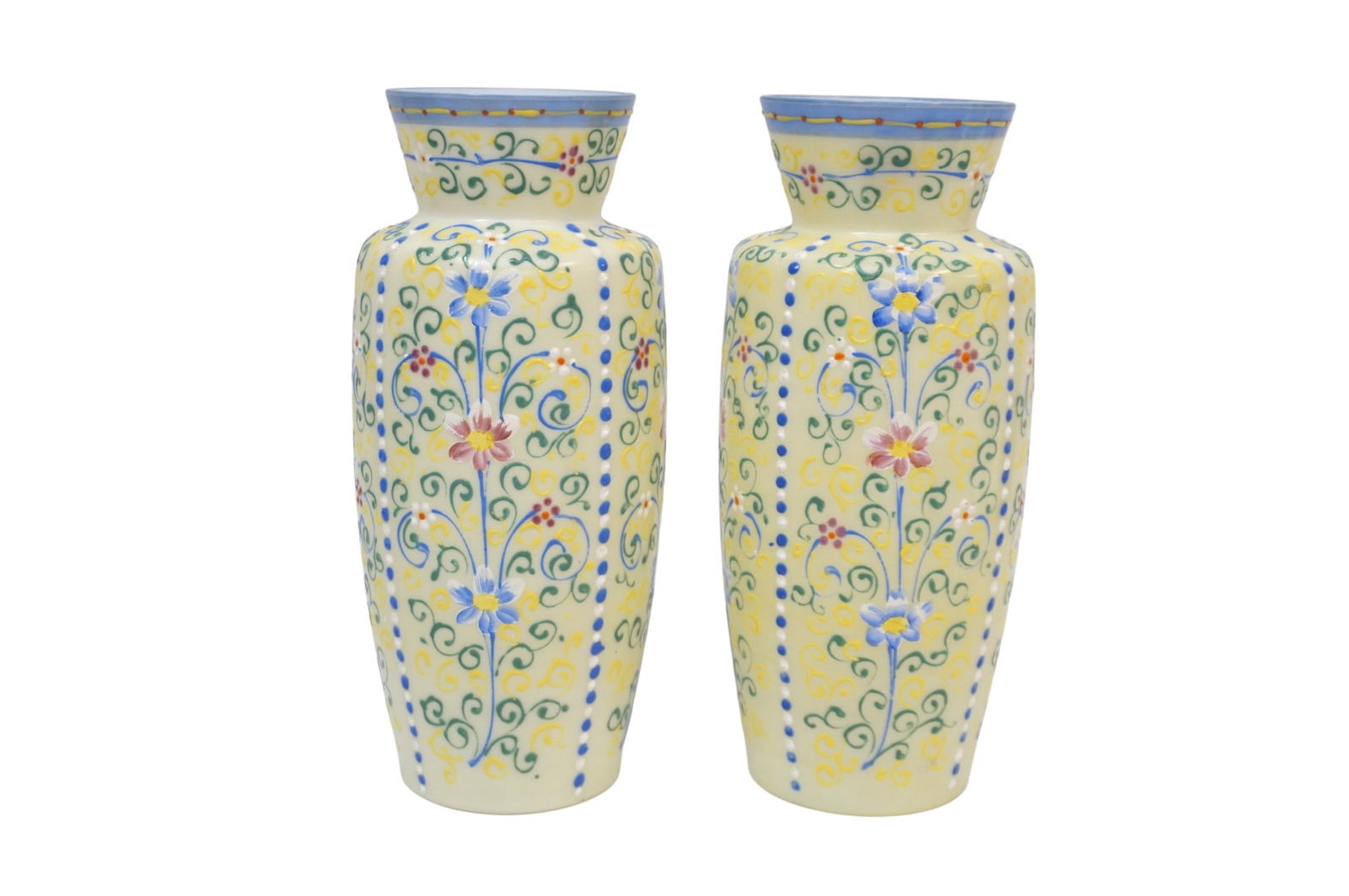 PAIR OF ANTIQUE OPALINE VASES: Pair of Antique Opaline Vases with Ornate Floral Design. Circa early 1900s. Each measures approx. 9" x 3.75", total lot weight is 1 lb 15 oz.