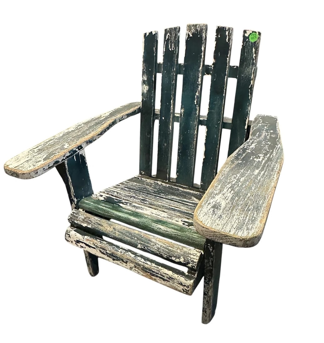 VINTAGE ADIRONDACK CHILDREN'S CHAIR: Vintage Childrens Adirondack Chair with the original green paint. Measures 23.5"x20"x26". Total weight 8 lbs.