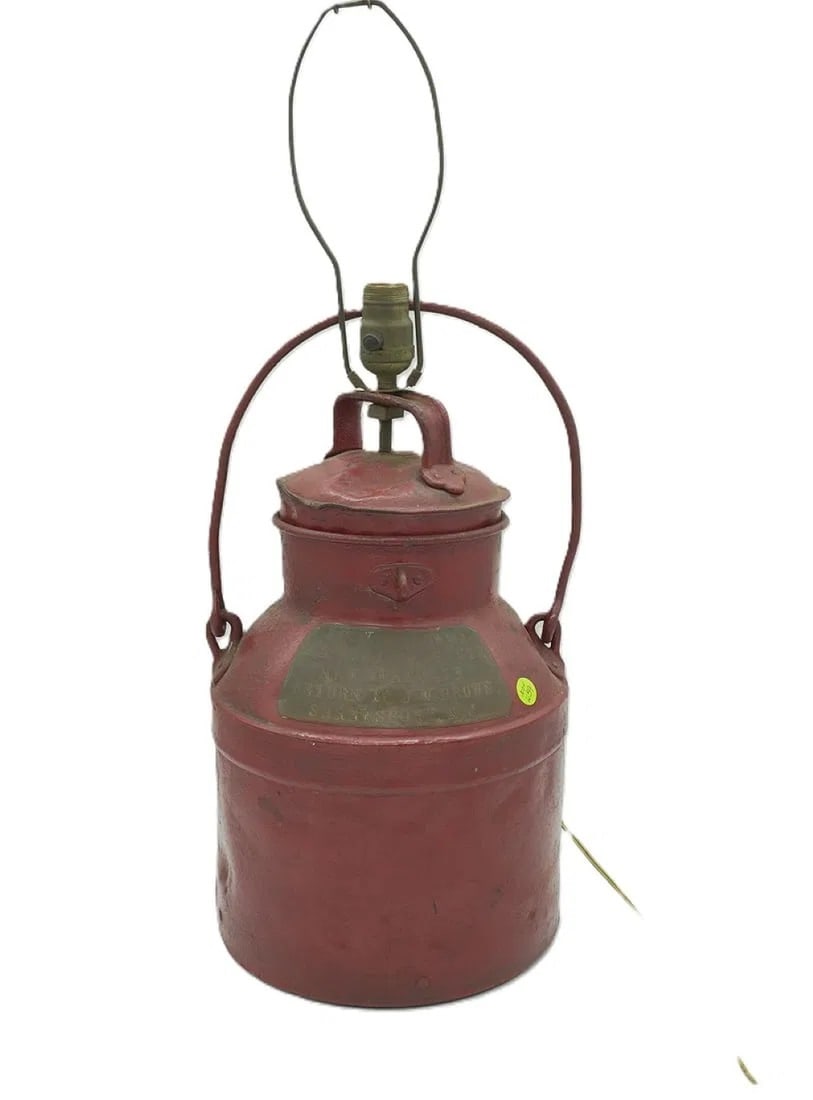 ANTIQUE MILK CAN LAMP SHREWSBURY NJ & NYC: Antique Red Mik Can converted to a Table Lamp. J.W. Bown, New York and Shrewsbury NJ.. Measures 10.5"x10.5"x19" tall without harp Weight 10 lbs