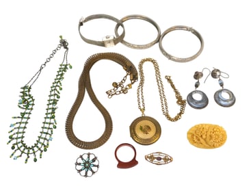 11 PIECES VINTAGE COSTUME JEWELRY - CELLULOID, GRUEN, ETC.