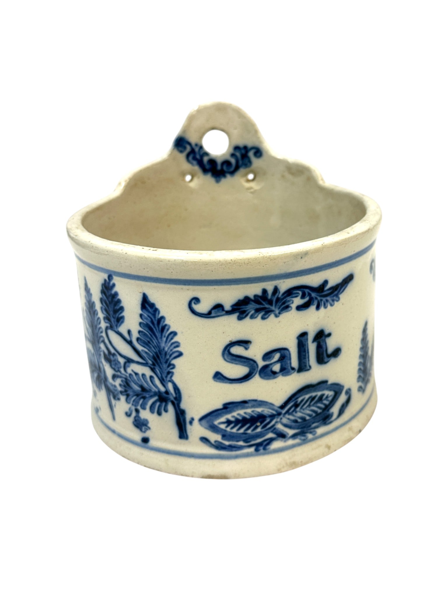 BLUE AND WHITE SALT GLAZE STENCILED STONEWARE HANGING SALT BOX: Blue and white Salt Glaze Stenciled Stoneware Hanging Salt Box. Measures 5.75" x 5.5" in dia. and weighs 1 lb 12 oz.