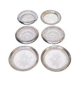 6 VINTAGE STERLING RIM COASTERS