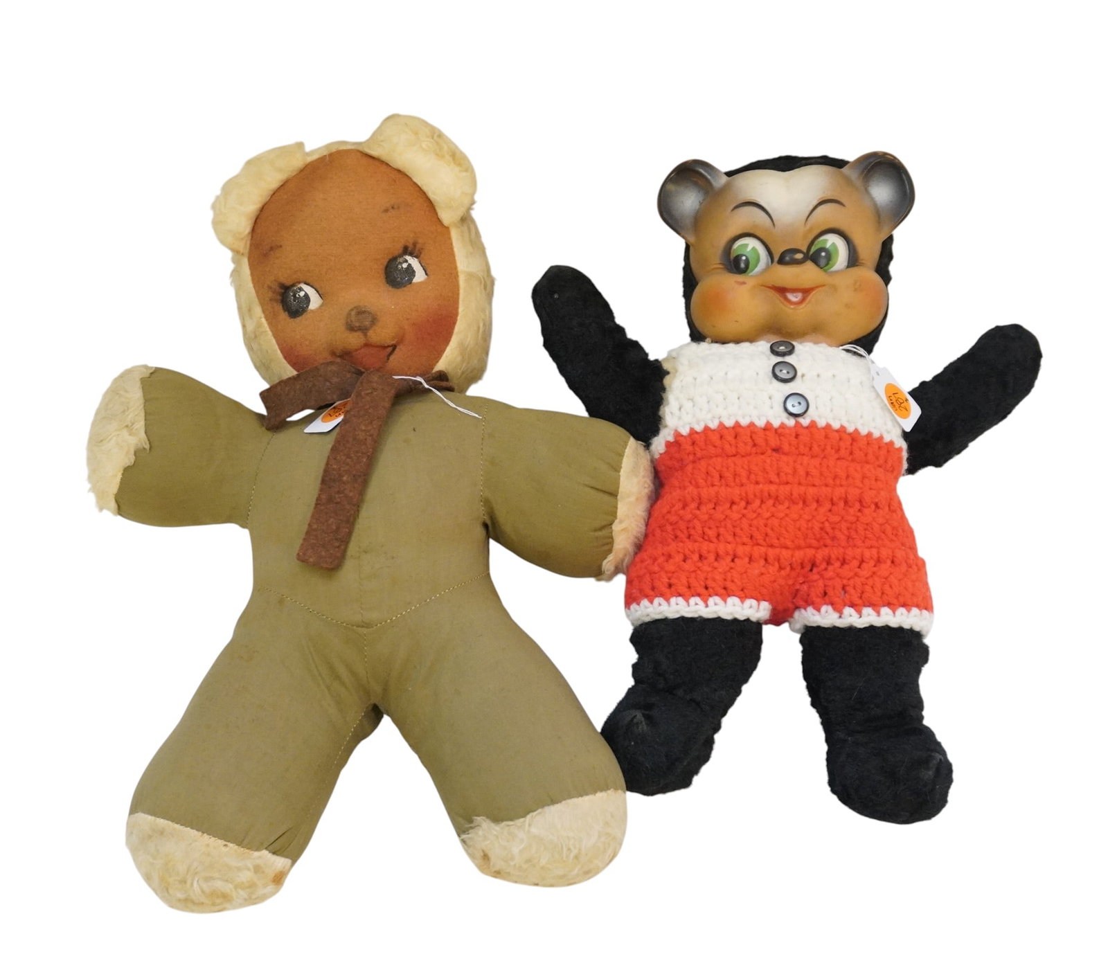 PAIR VINTAGE BEAR DOLLS: Pair of Vintage Bear Dolls. Larger measures 13" h. Total lot weight is 1 lb 7 oz.