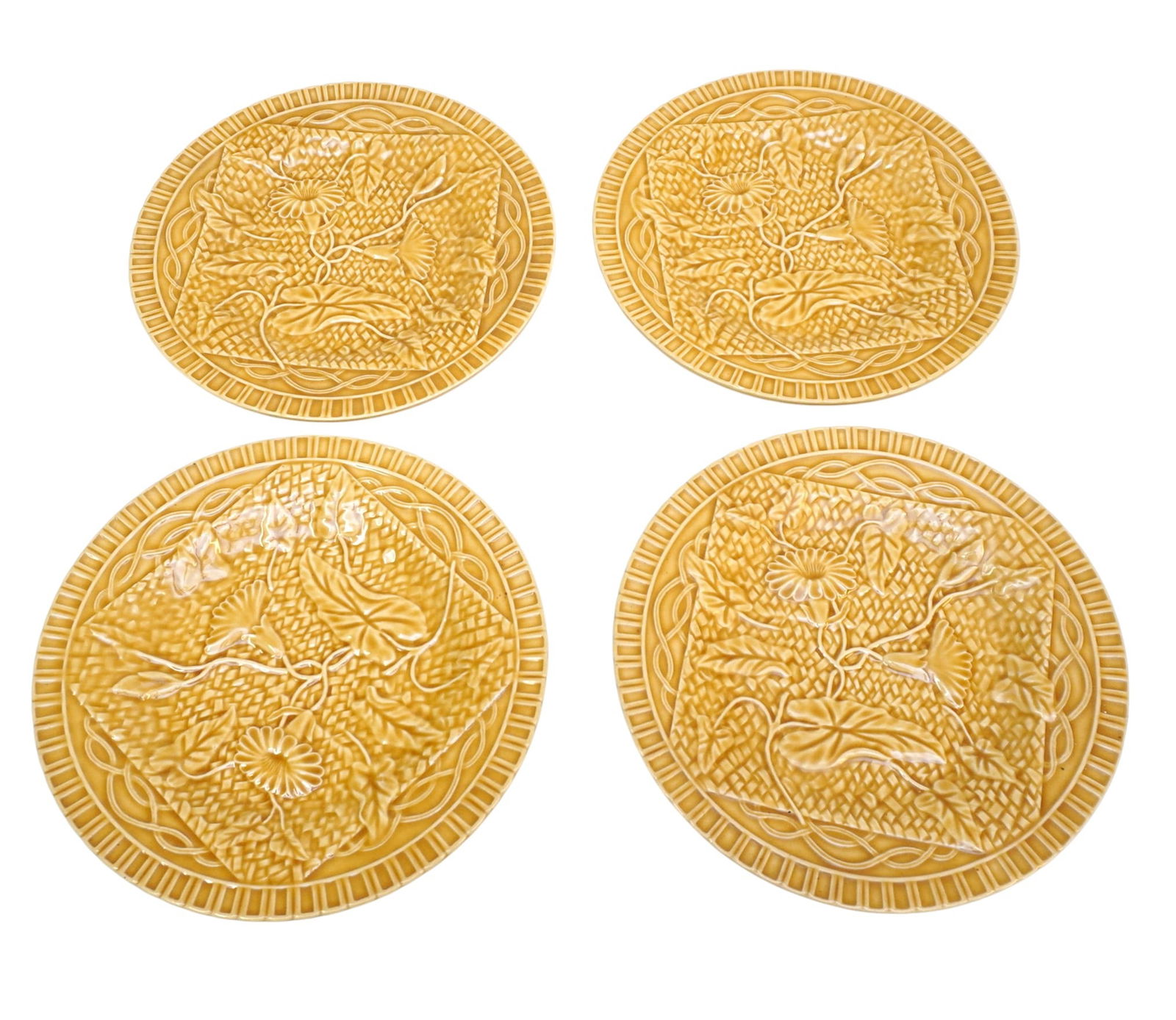 SET OF 4 VINTAGE BORDALLO PINHEIRO MAJOLICA MORNING GLORY DINNER PLATES: Set of 4 Vintage Mustard Yellow Majolica Morning Glory Dinner Plates by Bordallo Pinheiro, made in Portugal. Each Measure 9 1/2".