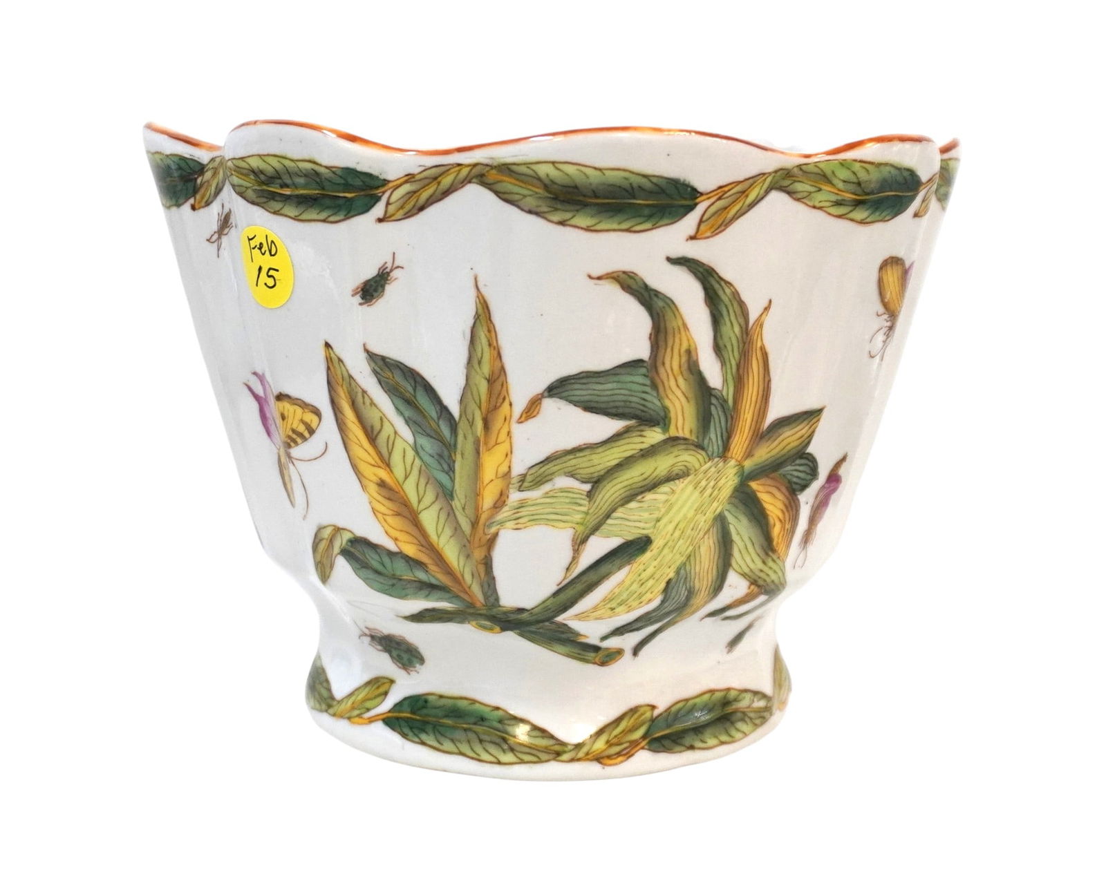 CHINESE PORCELAIN HAND PAINTED PLANT & INSECT CACHEPOT (1 of 4)