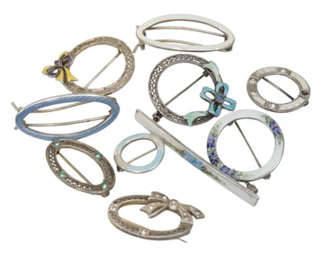 10 pc STERLING ENAMELED BROOCHES & BARRETTES