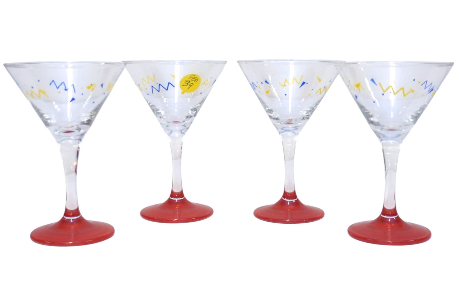 4 HAND BLOWN HAND PAINTED VINTAGE MARTINI GLASSES: 4 Hand Blown Hand Painted Vintage Zig Zag Martini Glasses c. 1980. Each 3 3/4"x3 3/4"x5 1/2". Weight 1 lb 5 oz **In house shipping available on this lot** If you win this lot, please select self arran