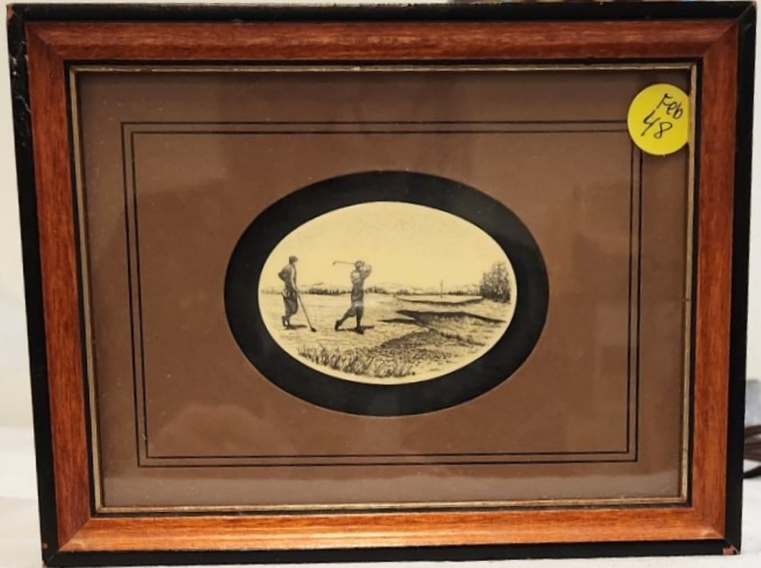 VINTAGE FRAMED SCRIMSHAW GOLF (1 of 2)