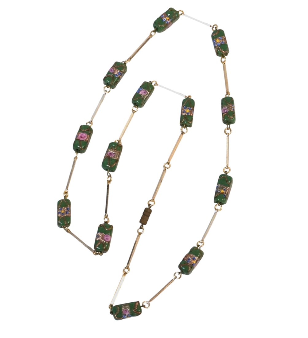 VINTAGE ITALIAN MURANO FIORATO WEDDING CAKE NECKLACE: Vintage Italian Murano Fiorato Wedding Cake Bead Necklace. Each lamp work bead is individually created by a glass blower. They are elaborately decorated with glittering gold accent icing with pink