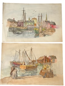 PAIR OF ORIGINAL NAUTICAL WATERCOLORS - HARBOR SCENES
