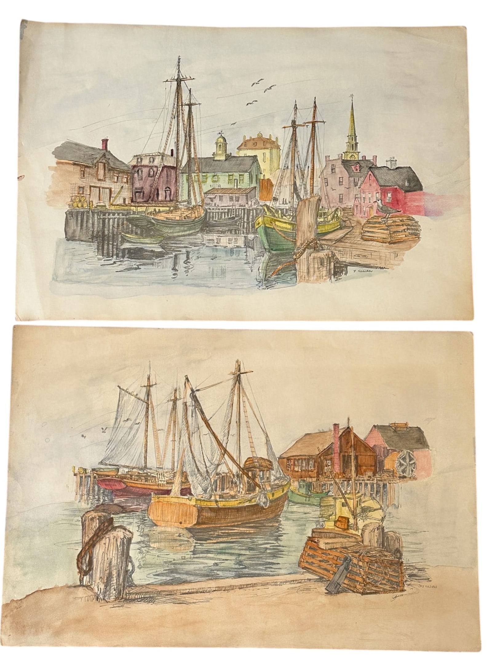 PAIR OF ORIGINAL NAUTICAL WATERCOLORS - HARBOR SCENES (1 of 3)