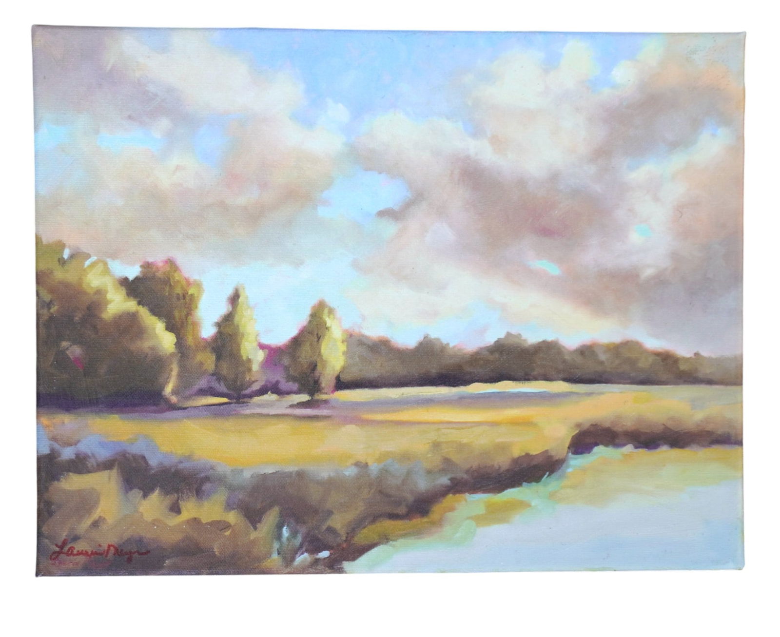 LAURIE MEYER ORIGINAL LANDSCAPE: Laurie Meyer (Charleston, sc) Original 2008 Landscape Marsh. Measures 14"x11"x3/4". Weight to ship 12 oz. Laurie Meyer is a professional artist based in Charleston, SC. With over 25 years of oil and