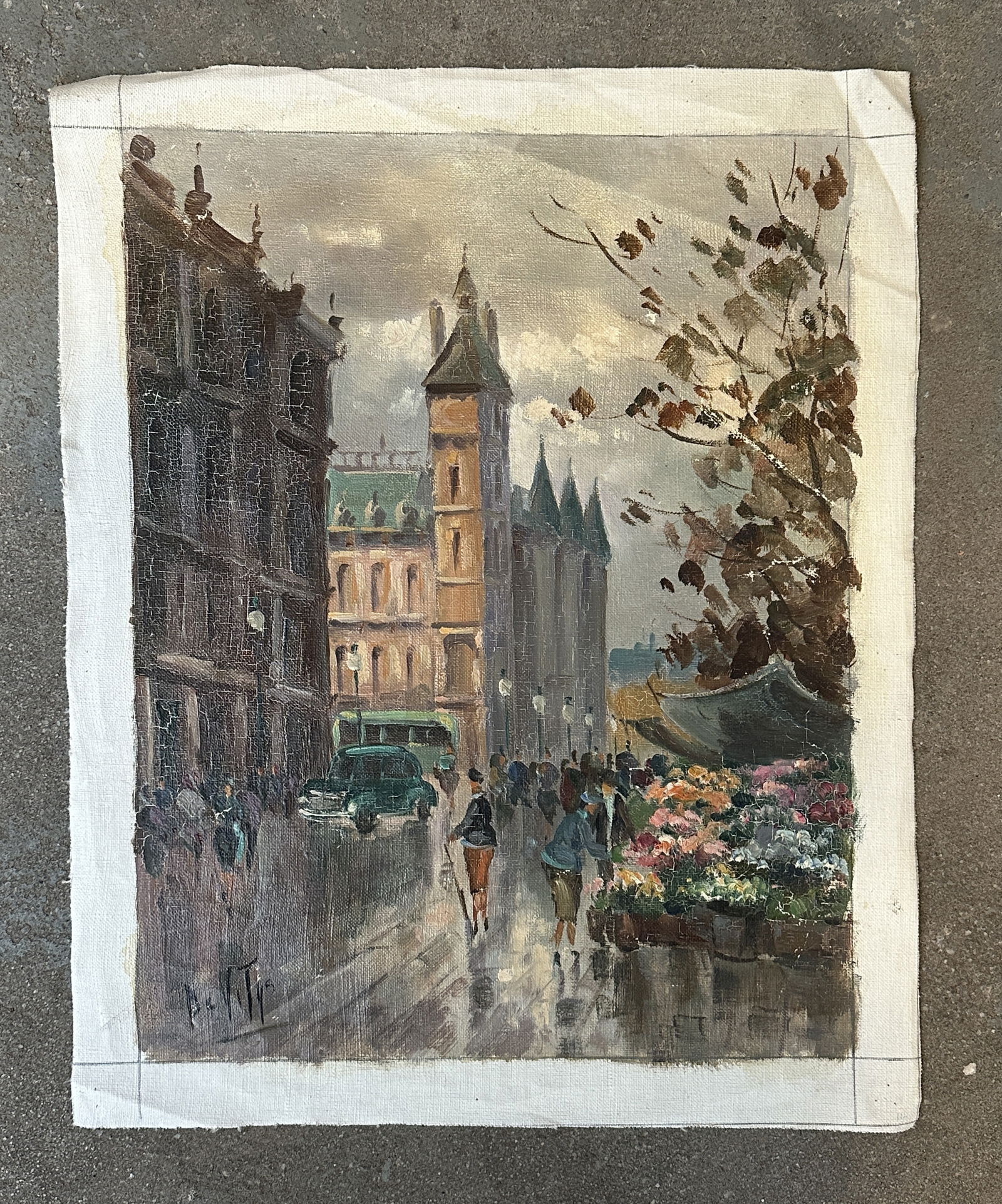 VINTAGE SIGNED OIL ON CANVAS EUROPEAN STREET SCENE (1 of 1)