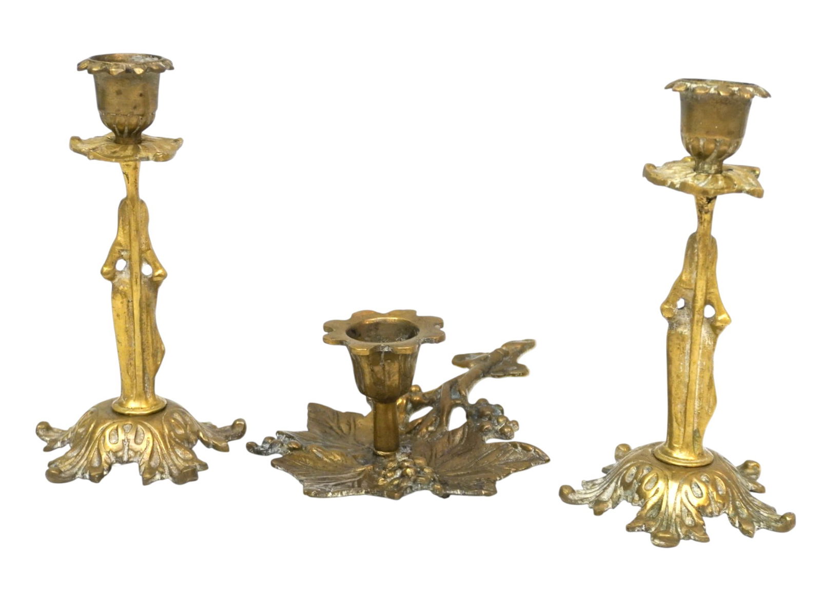 3 PC ANTIQUE FRENCH FIGURAL BRASS CANDLESTICKS (1 of 6)