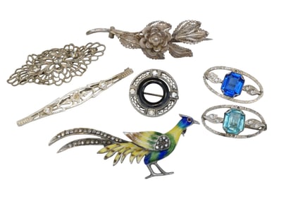7 pc STERLING AND STERLING ENAMELED BROOCHES