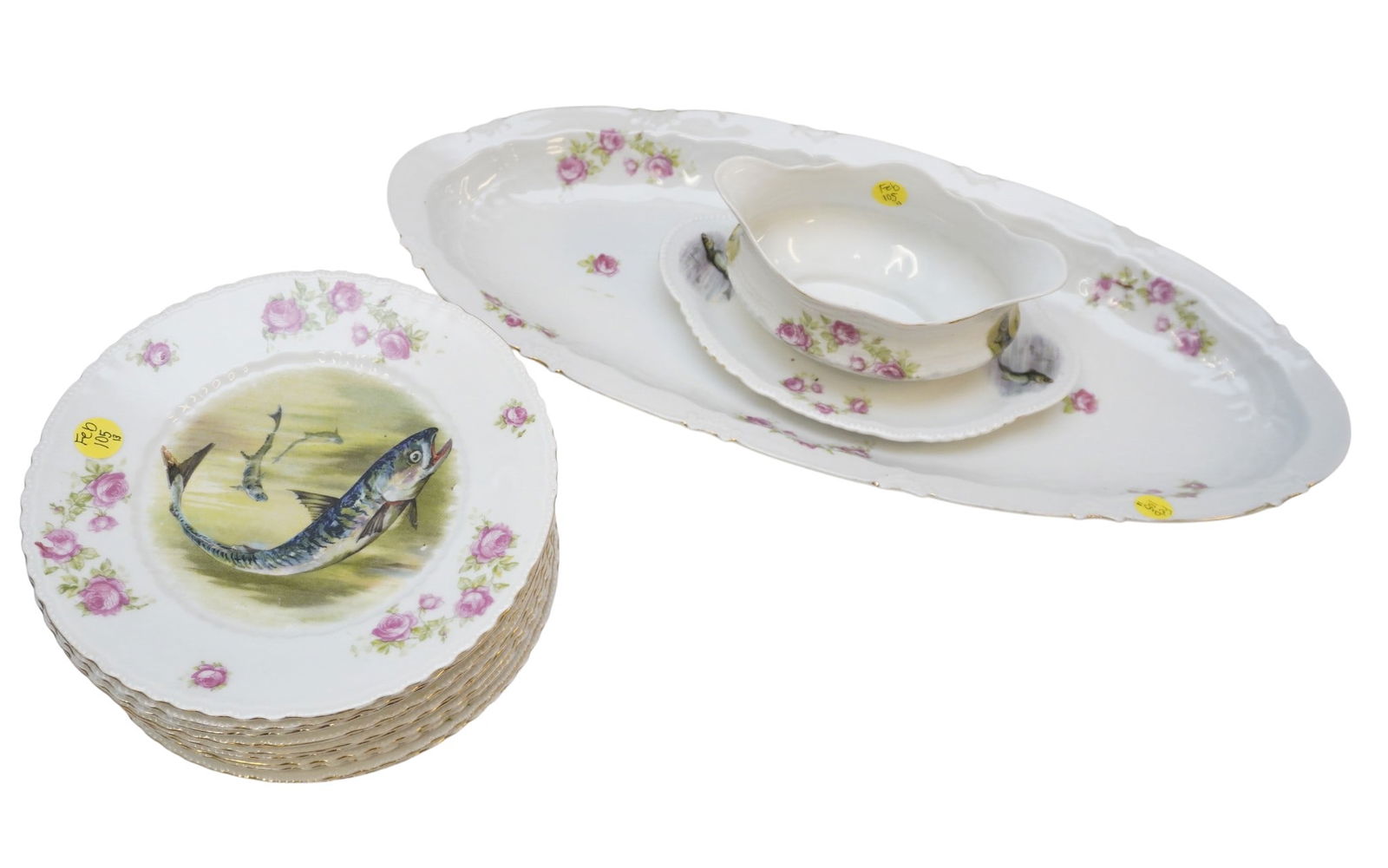 ANTIQUE AUSTRIAN HAND PAINTED PORCELAIN FISH SET (1 of 7)