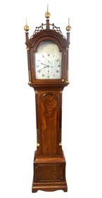 ANTIQUE 1810 FLAME MAHOGANY CHIPPENDALE TALL CASE CLOCK