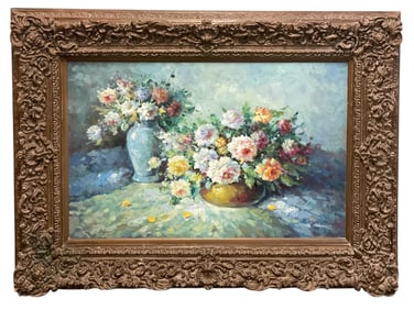 LARGE W ADAMS OIL ON CANVAS FLORAL STILL LIFE