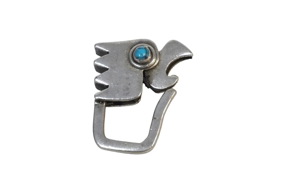 MID CENTURY STERLING SILVER TURQUOISE KEY HOLDER: Mid Century Taxco Mexico Sterling Silver & Turquoise Key Ring / Holder. Measures 1 3/4". Approximate silver weight 28 grams. **In house shipping available on this lot** If you win this lot, please sel