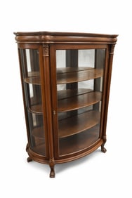 ANTIQUE MAHOGANY PAW FOOT CURVED GLASS DISPLAY