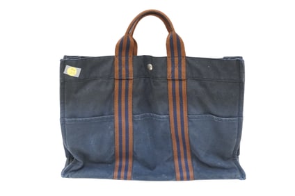 HERMES CANVAS TOTE NAVY AND RUST