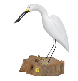SIGNED EGRET WITH FISH HAND CARVED