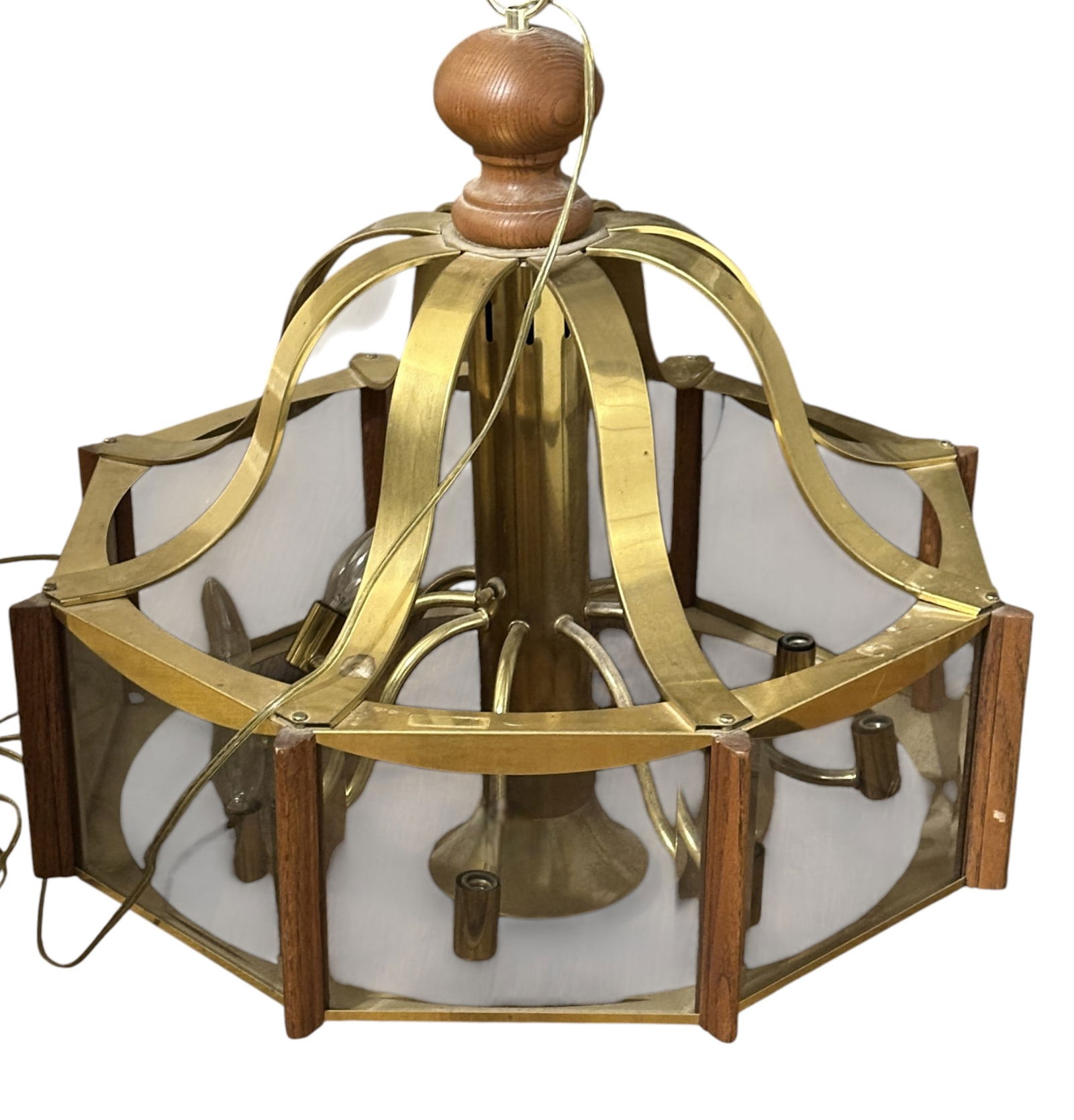 FREDRICK RAMOND MID CENTURY BRASS & SMOKED GLASS HANGING LIGHT PENDANT (1 of 3)