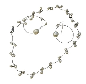 FRESHWATER PEARL & STERLING SILVER WIRE NECKLACE W MATCHING HOOPS