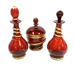 SET OF 3 ANTIQUE HAND BLOWN RUBY BOHEMIAN GLASS PERFUME BOTTLES & LIDDED JAR