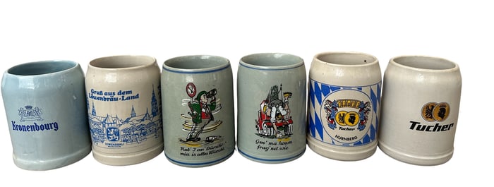 6 VINTAGE GERMAN BEER STEINS STONEWARE MUGS