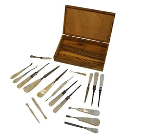 18 MOTHER OF PEARL HANDLE VANITY TOOLS IN OLIVE WOOD BOX