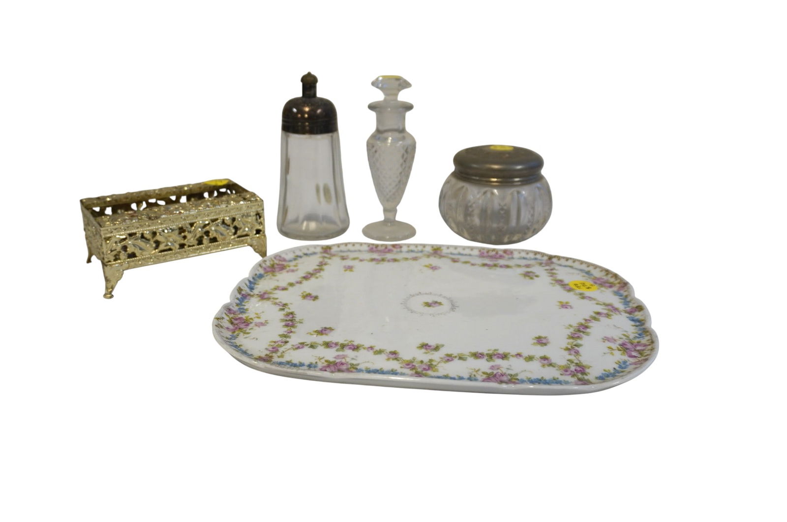 5 MISC. VINTAGE AND ANTIQUE VANITY ITEMS: Vintage and Antique Misc. Vanity Items. Largest piece is porcelain tray which measures 10.5" x 8", total lot weight is 3 lbs 3 oz. **In house shipping available on this lot** If you win this lot, plea