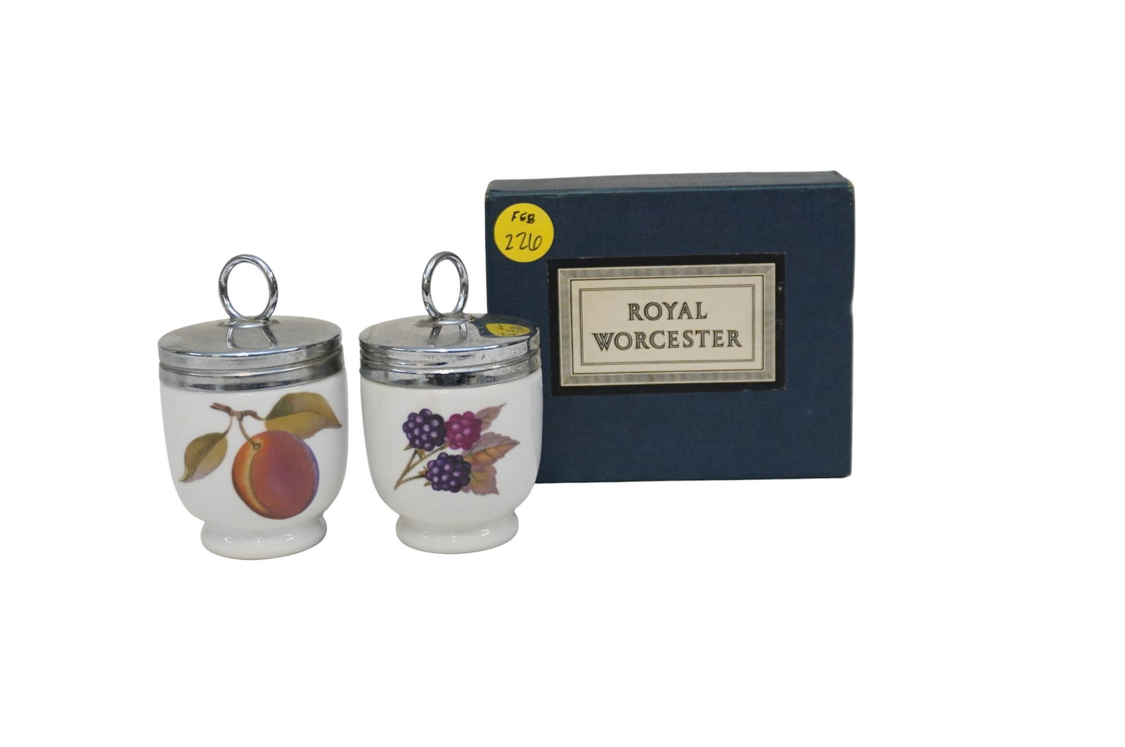 ROYAL WORCESTER CERAMIC EGG CODDLERS IN ORIGINAL BOX: Royal Worcester Egg Coddlers in Original Box. Box measures 4.75" x 2.25" x 3.75" and weighs 14.1 oz. **In house shipping available on this lot** If you win this lot, please select self arranged for in